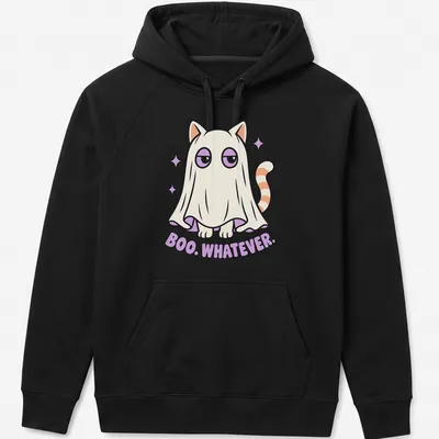 Cute cat in ghost costume with text 'Boo. Whatever.' in kawaii style — printed on a unisex hoodie