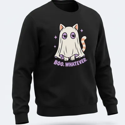 Cute cat in ghost costume with text 'Boo. Whatever.' in kawaii style — printed on a unisex sweatshirt