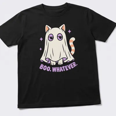 Cute cat in ghost costume with text 'Boo. Whatever.' in kawaii style — printed on a unisex t-shirt