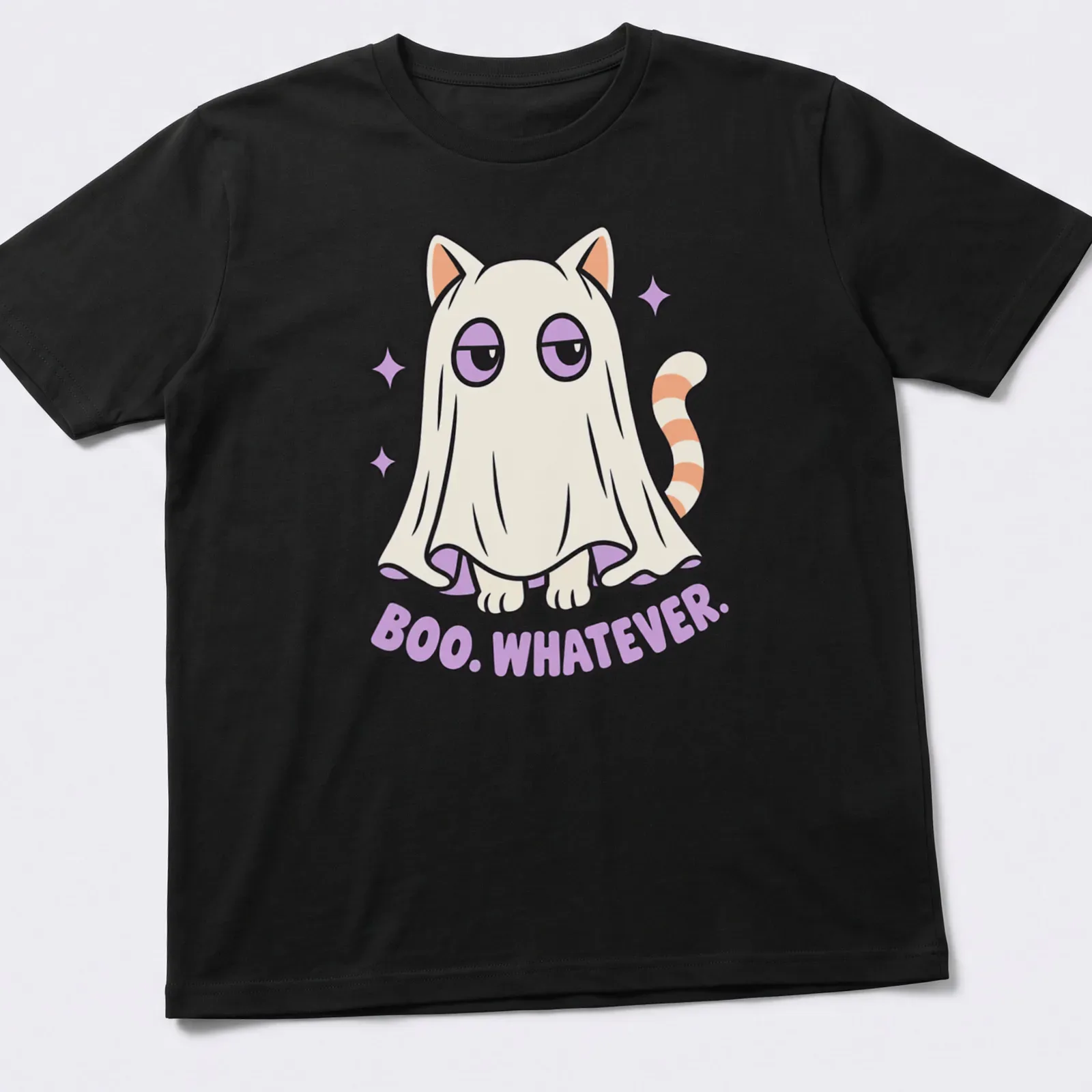 Cute cat in ghost costume with text 'Boo. Whatever.' in kawaii style — printed on a unisex t-shirt