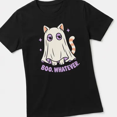 Cute cat in ghost costume with text 'Boo. Whatever.' in kawaii style — printed on a women's shirt