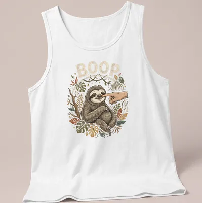 Retro graphic tee featuring a playful sloth with the word BOOP above it — printed on a tank top