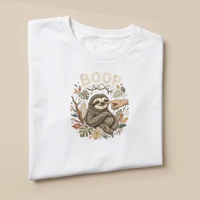 Retro graphic tee featuring a playful sloth with the word BOOP above it — printed on a unisex t-shirt (angled view)