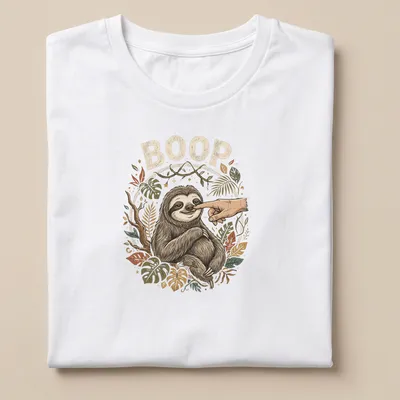 Retro graphic tee featuring a playful sloth with the word BOOP above it