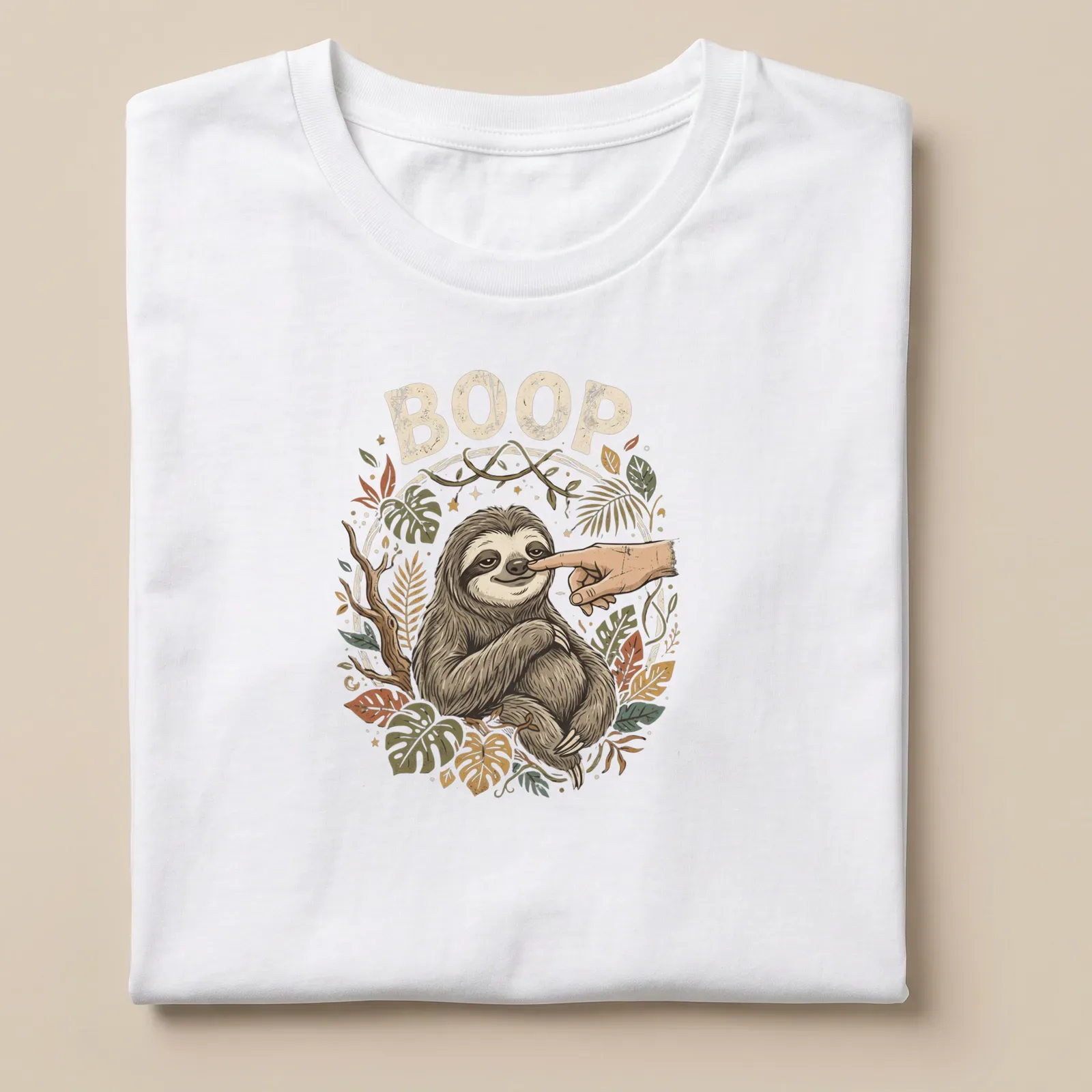 Retro graphic tee featuring a playful sloth with the word BOOP above it — printed on a unisex t-shirt