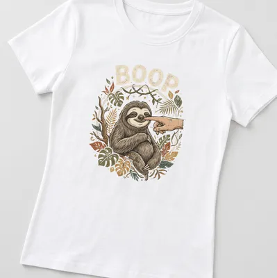 Retro graphic tee featuring a playful sloth with the word BOOP above it — printed on a women's shirt