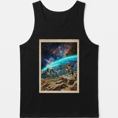 Vintage cosmic design of a Border Collie looking through a telescope in space — printed on a tank top