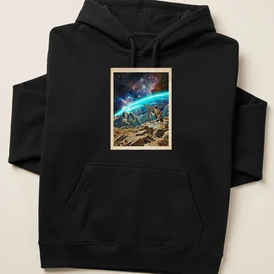 Vintage cosmic design of a Border Collie looking through a telescope in space — printed on a unisex hoodie