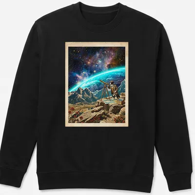 Vintage cosmic design of a Border Collie looking through a telescope in space — printed on a unisex sweatshirt
