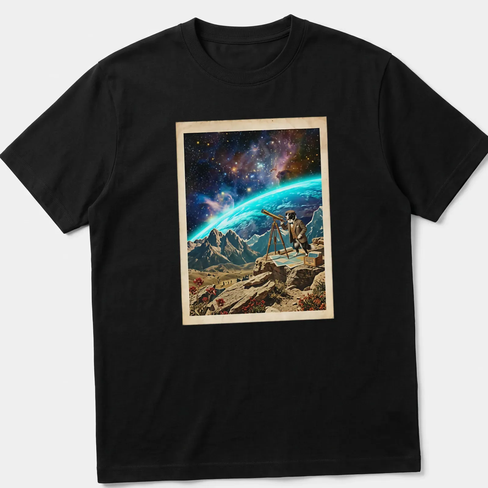 Vintage cosmic design of a Border Collie looking through a telescope in space — printed on a unisex t-shirt