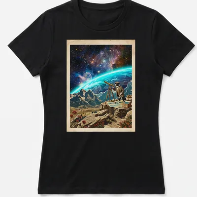 Vintage cosmic design of a Border Collie looking through a telescope in space — printed on a women's shirt