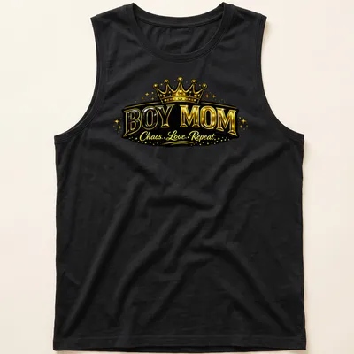 Bold Boy Mom shirt featuring a crown design in shiny gold and black text — printed on a tank top