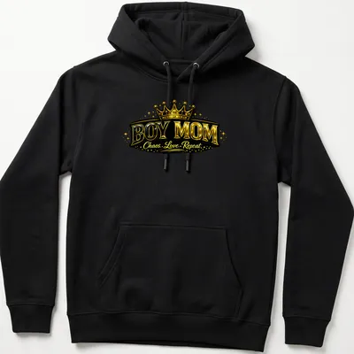 Bold Boy Mom shirt featuring a crown design in shiny gold and black text — printed on a unisex hoodie