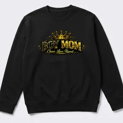 Bold Boy Mom shirt featuring a crown design in shiny gold and black text — printed on a unisex sweatshirt