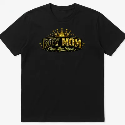 Bold Boy Mom shirt featuring a crown design in shiny gold and black text — printed on a unisex t-shirt