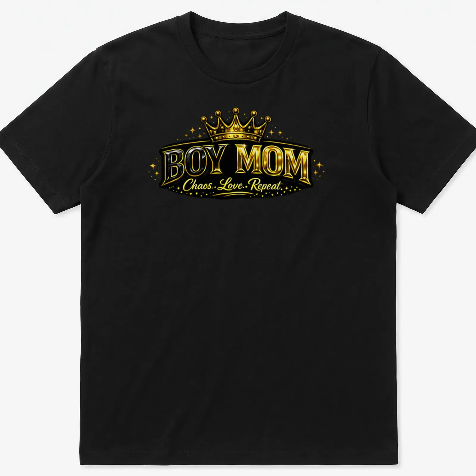 Bold Boy Mom shirt featuring a crown design in shiny gold and black text — printed on a unisex t-shirt