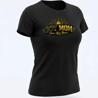 Bold Boy Mom shirt featuring a crown design in shiny gold and black text — printed on a women's shirt