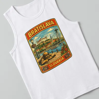 Vintage travel t-shirt featuring Bratislava's cityscape and statue in various colors — printed on a tank top