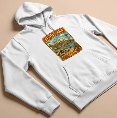 Vintage travel t-shirt featuring Bratislava's cityscape and statue in various colors — printed on a unisex hoodie