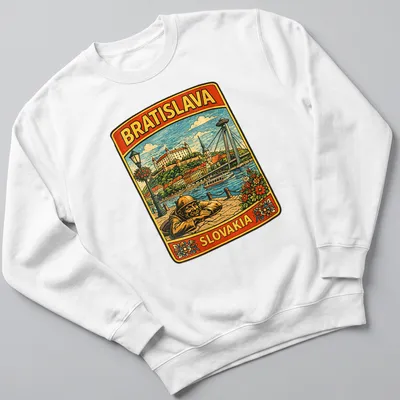 Vintage travel t-shirt featuring Bratislava's cityscape and statue in various colors — printed on a unisex sweatshirt