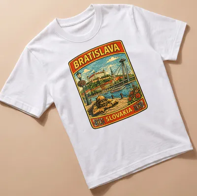 Vintage travel t-shirt featuring Bratislava's cityscape and statue in various colors