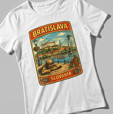 Vintage travel t-shirt featuring Bratislava's cityscape and statue in various colors — printed on a women's shirt