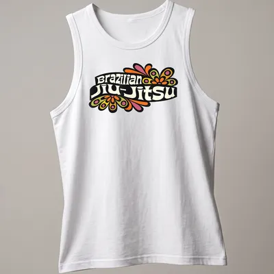 Colorful Brazilian Jiu-Jitsu t-shirt featuring vibrant flowers around bold text — printed on a tank top