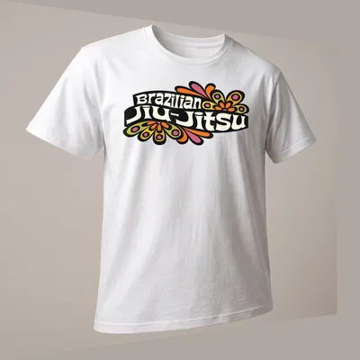 Colorful Brazilian Jiu-Jitsu t-shirt featuring vibrant flowers around bold text — printed on a unisex t-shirt (angled view)