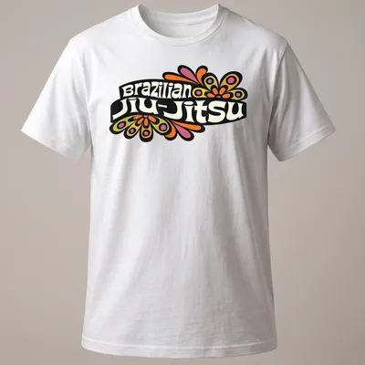Colorful Brazilian Jiu-Jitsu t-shirt featuring vibrant flowers around bold text
