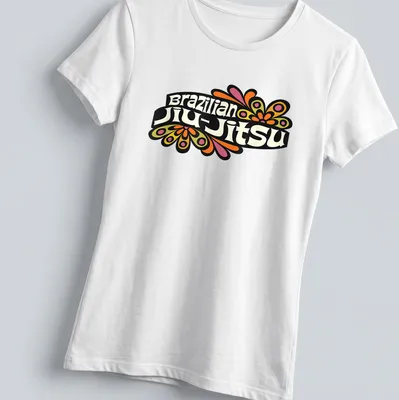 Colorful Brazilian Jiu-Jitsu t-shirt featuring vibrant flowers around bold text — printed on a women's shirt