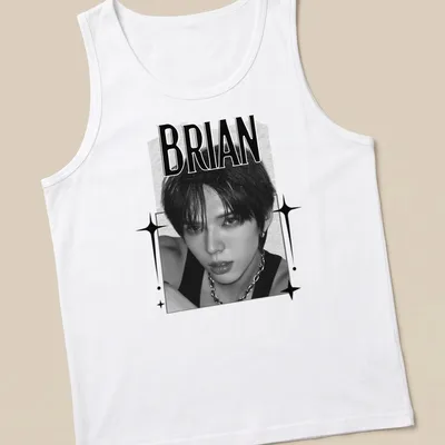 Black and white digital portrait of KPOP member Brian with text below — printed on a tank top