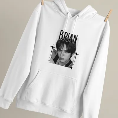 Black and white digital portrait of KPOP member Brian with text below — printed on a unisex hoodie