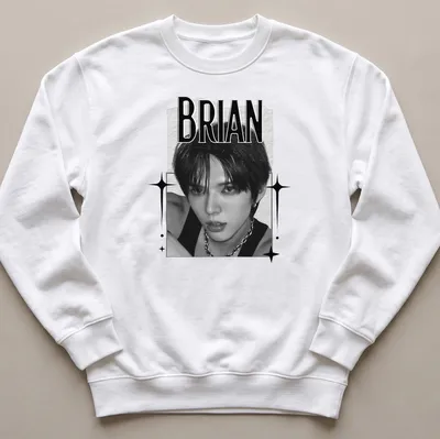 Black and white digital portrait of KPOP member Brian with text below — printed on a unisex sweatshirt