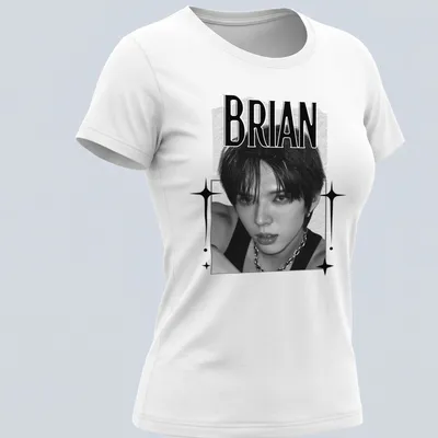 Black and white digital portrait of KPOP member Brian with text below — printed on a women's shirt