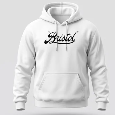 Vintage Bristol script logo in elegant black on a — printed on a unisex hoodie
