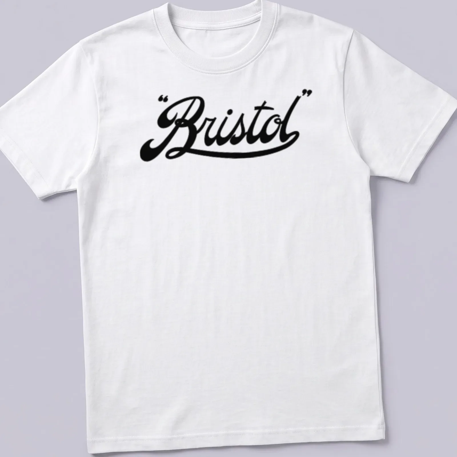 Vintage Bristol script logo in elegant black on a — printed on a unisex t-shirt