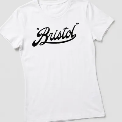 Vintage Bristol script logo in elegant black on a — printed on a women's shirt