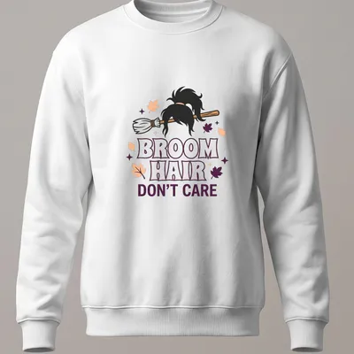 Cartoon broomstick with hair and text reading 'Broom Hair Don't Care' in Halloween colors — printed on a unisex sweatshirt