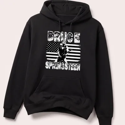 Vintage distressed Bruce Springsteen T-shirt with bold lettering and guitarist graphic — printed on a unisex hoodie