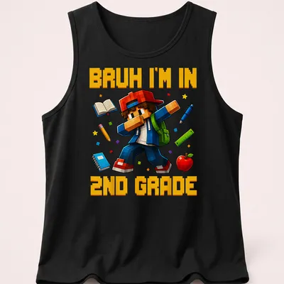 Dabbing gamer boy in pixel art style with colorful text and graphics — printed on a tank top