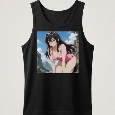 Anime illustration of a brunette woman in a pink star swimsuit, colorful design — printed on a tank top