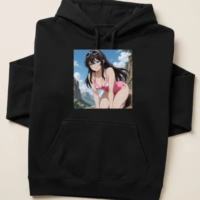 Anime illustration of a brunette woman in a pink star swimsuit, colorful design — printed on a unisex hoodie