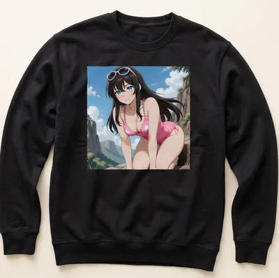 Anime illustration of a brunette woman in a pink star swimsuit, colorful design — printed on a unisex sweatshirt