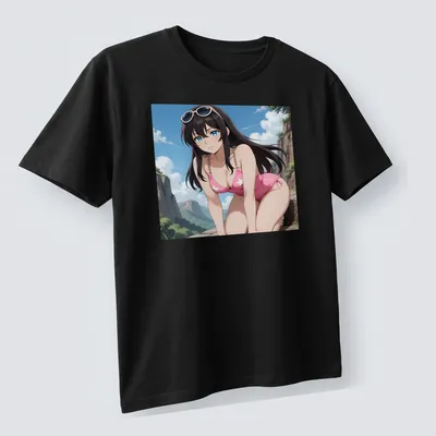 Anime illustration of a brunette woman in a pink star swimsuit, colorful design — printed on a unisex t-shirt (angled view)