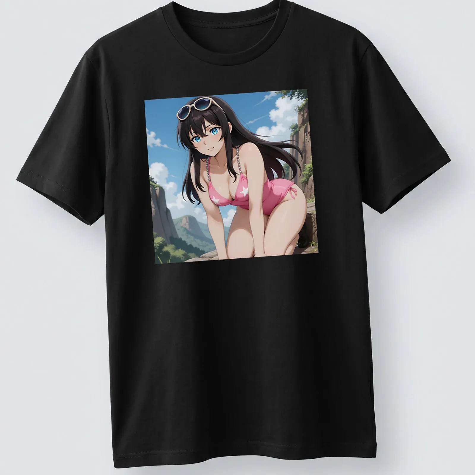 Anime illustration of a brunette woman in a pink star swimsuit, colorful design — printed on a unisex t-shirt