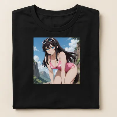 Anime illustration of a brunette woman in a pink star swimsuit, colorful design — printed on a women's shirt