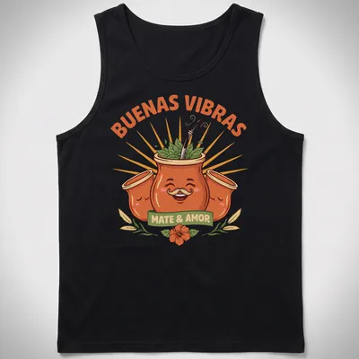 Colorful cartoon gourd with mustache and text about mate and love. — printed on a tank top