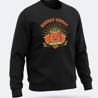 Colorful cartoon gourd with mustache and text about mate and love. — printed on a unisex sweatshirt