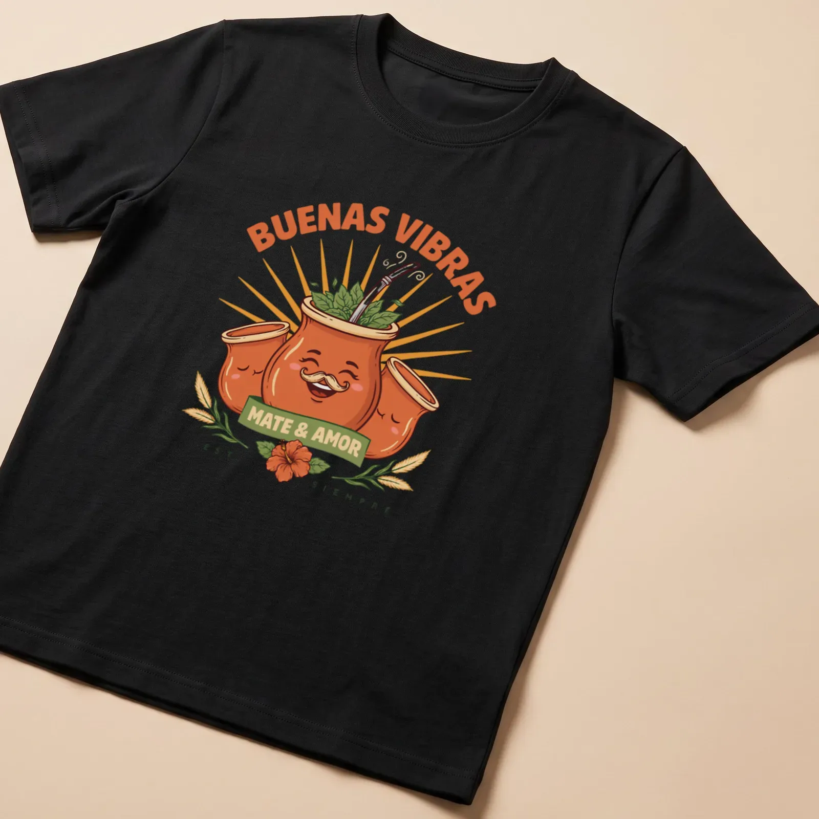 Colorful cartoon gourd with mustache and text about mate and love. — printed on a unisex t-shirt