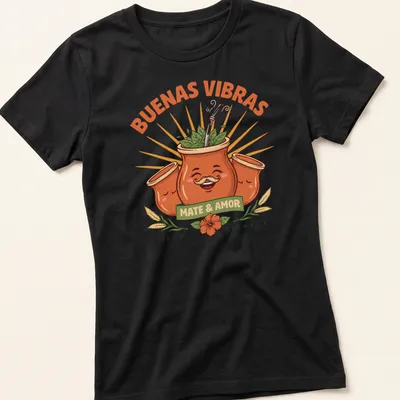 Colorful cartoon gourd with mustache and text about mate and love. — printed on a women's shirt